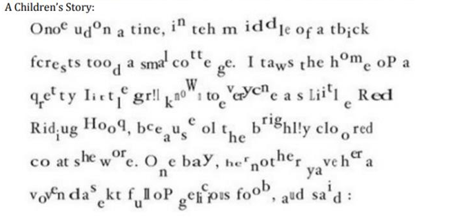 A passage of text where the letters unevenly aligned, different sizes, reversed, etc. to simulate reading with a cognitive disability