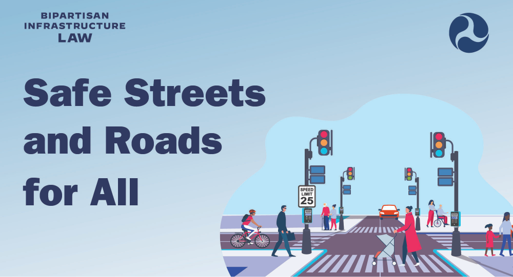 Graphic with text that reads Safe Streets and Roads for All