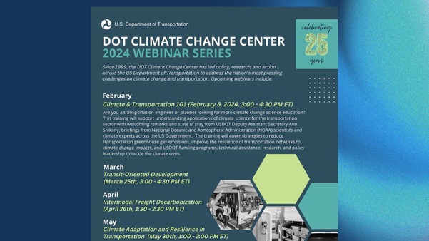 USDOT webinar graphic listing dates of upcoming climate change webinars by month