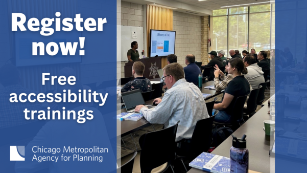 Workshop photo with overlay text that reads "register now - free accessibility trainings"
