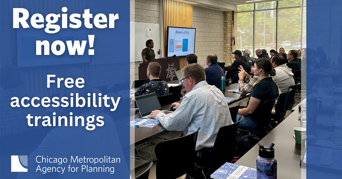 Register now! Free accessibility trainings. Photo of people seated in a lecture room in background