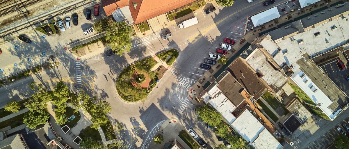 Arial shot of a transit oriented development around Metra station