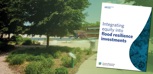 Bio swale on school grounds with flood equity guide cover image overlay