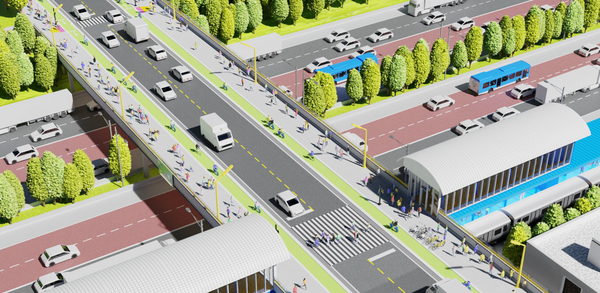 Illustration of an improved Harlem Ave Blue Line station at the Eisenhower Expressway