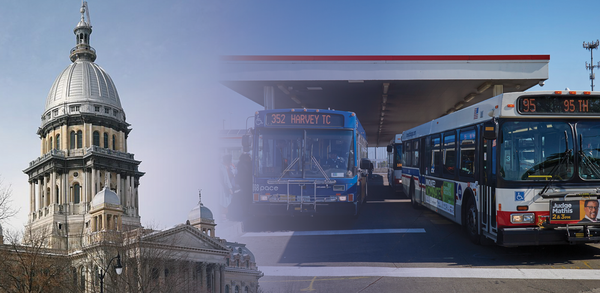 Illinois State Capitol with CTA and Pace buses idling at station