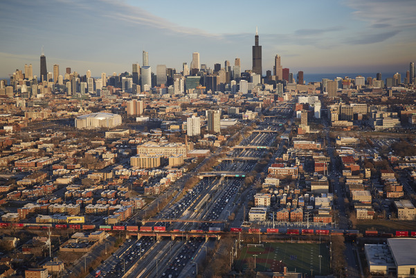Chicago skyline with Eisenhower Expressway in foreground