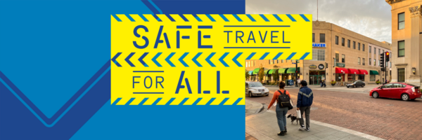 Safe Travel for All logo overlaying abstract pattern of traffic sign shapes and photo of people using a crosswalk