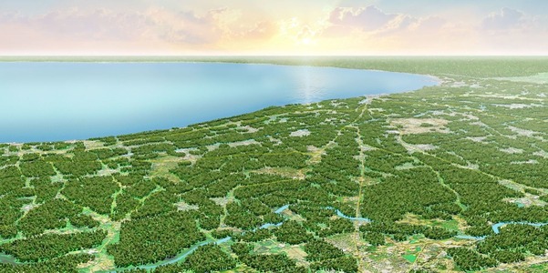 Futuristic rendering of northeastern Illinois: aerial view looking southeast over trees, a river, and Lake Michigan