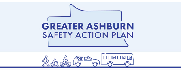 Text/logo: Greater Ashburn Safety Action Plan overlaid on the Greater Ashburn area shape. Transportation icons below