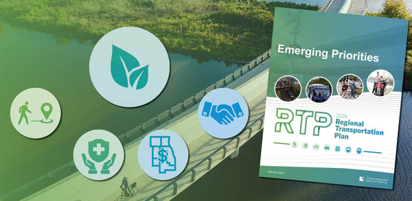 Emerging Priorities report cover. Icon of leaves. Icons showing person walking, hands holding shield, CMAP region and $, and 2 hands shanking