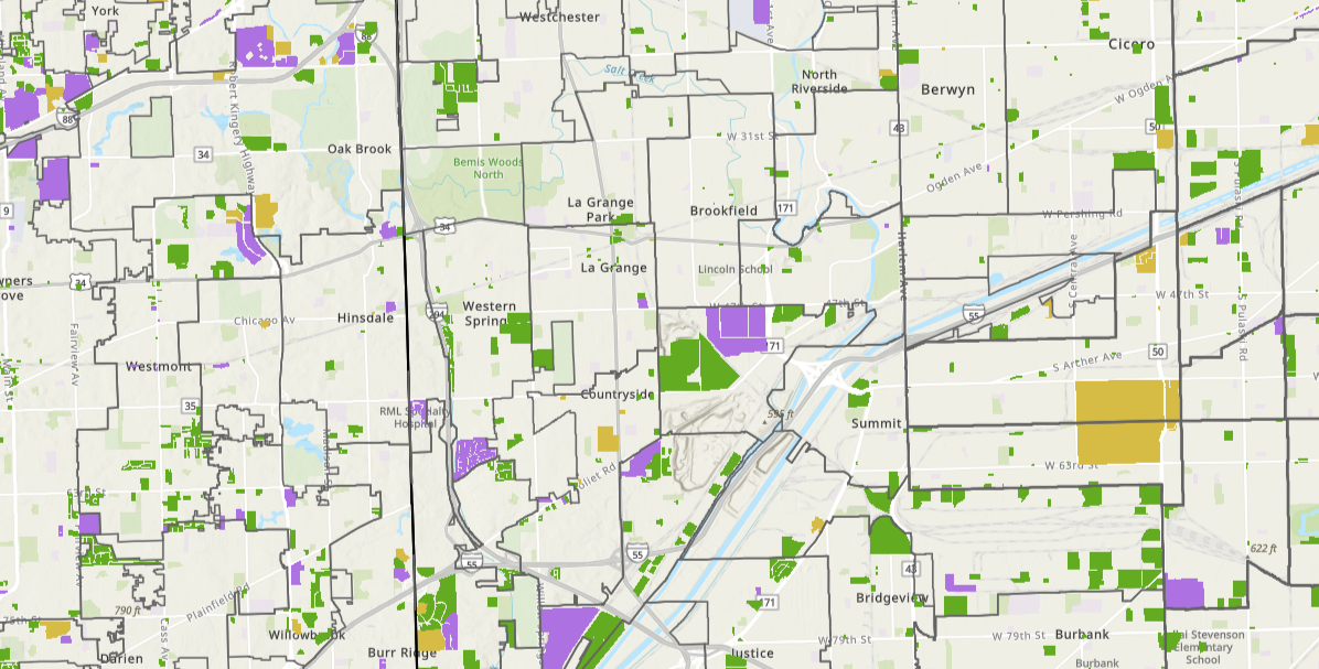 Map with some areas shaded in purple, yellow, or green