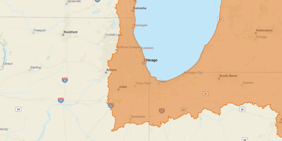 Map of northeastern Illinois with orange area covering from WI border to Kankakee, IN to near Aurora