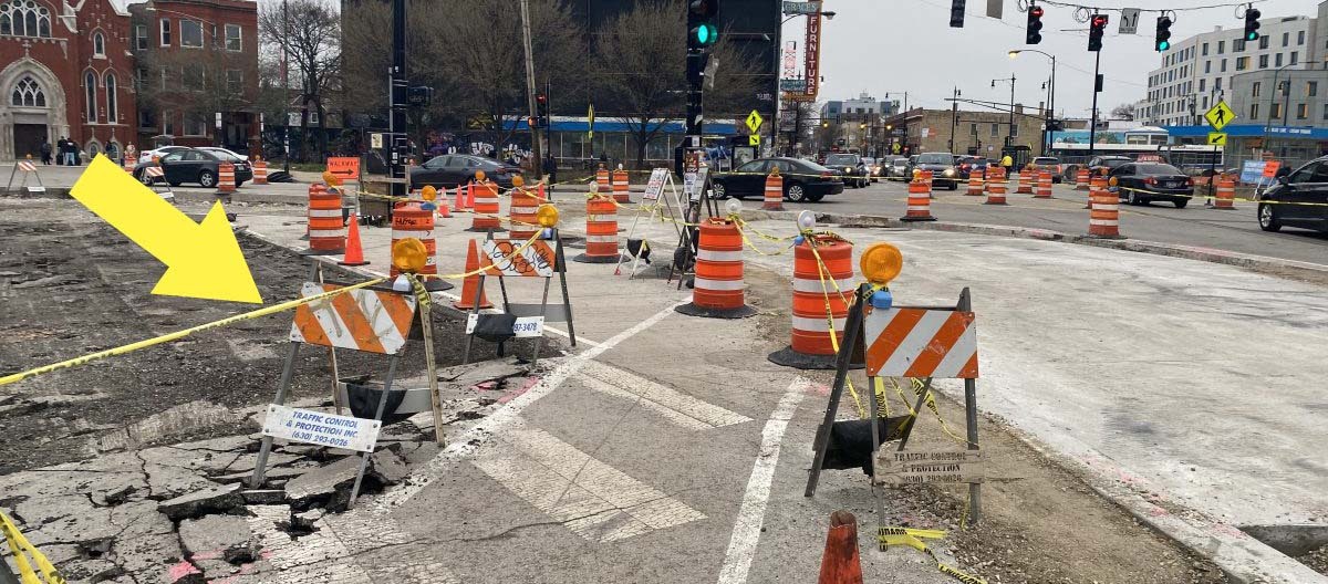 Intersection with accessibility issues called out by arrow