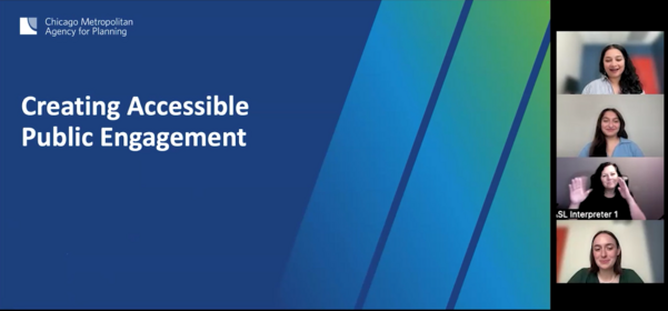 Screenshot of virtual Accessible Public Engagement Training session with presenters and ASL interpreters shown on the right
