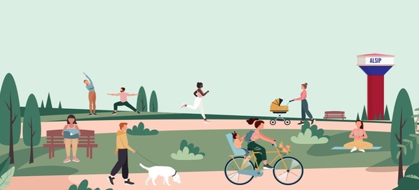 Illustrated image of people getting around Alsip by foot and bike