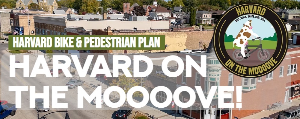 Infographic of Harvard, IL skyline with text overlay reading "Harvard on the Moooove!"