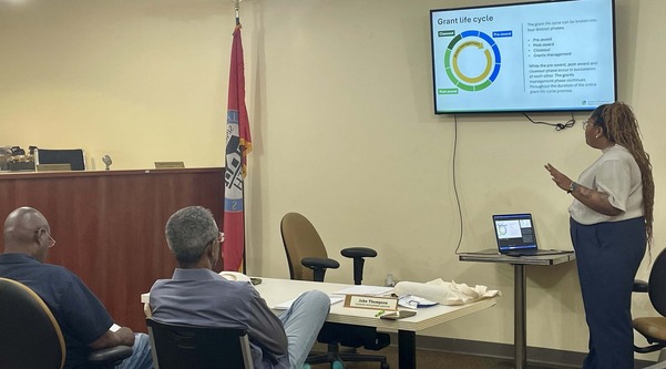 CMAP staff presenting on grant readiness to Dixmoor staff