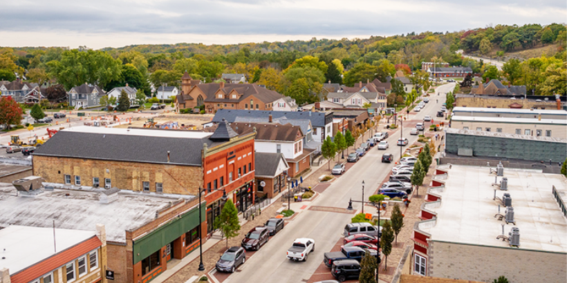 Aerial view of a suburban downtown