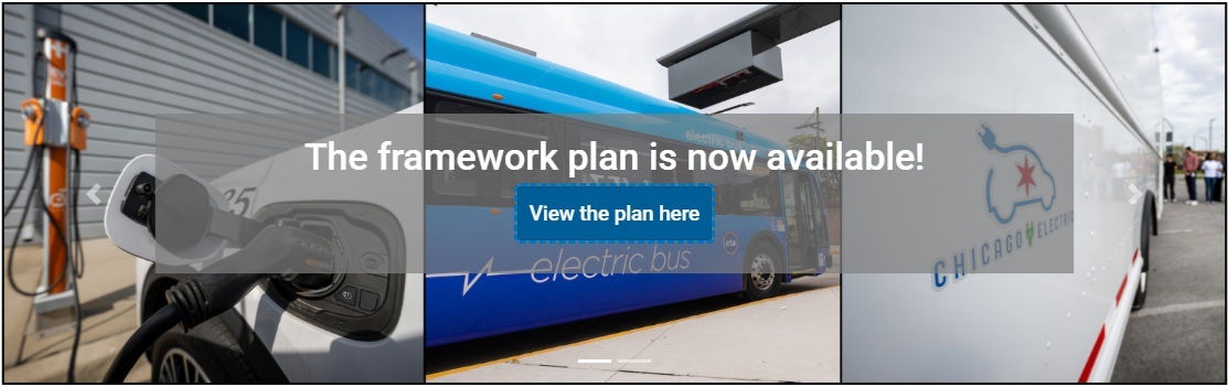 Electric vehicle recharging, with text reading "The framework plan is now available, view the plan here."