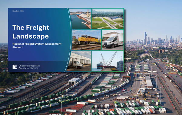 Freight assessment cover over photo of railyard in chicago