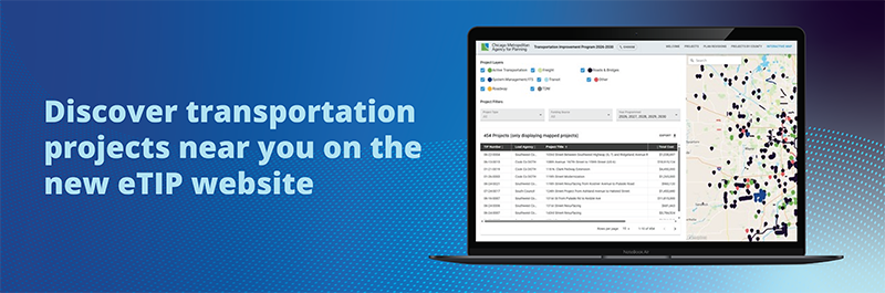 Computer screen with text "Discover transportation projects near you on the new eTIP website"