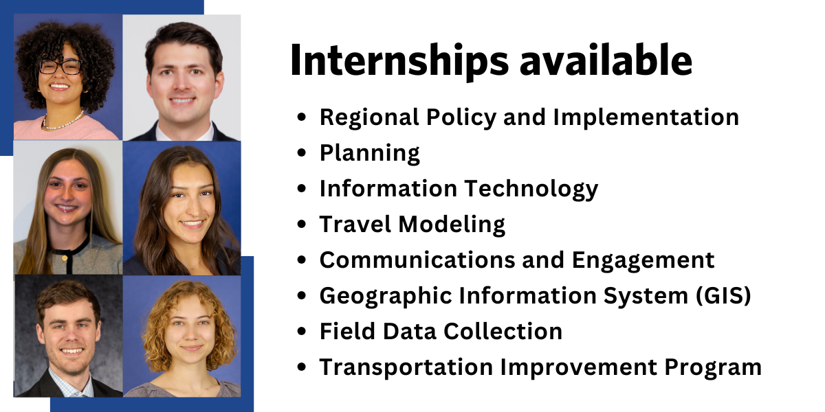 Headshots of six past interns and fellows, with text "internships available" and the list of program areas