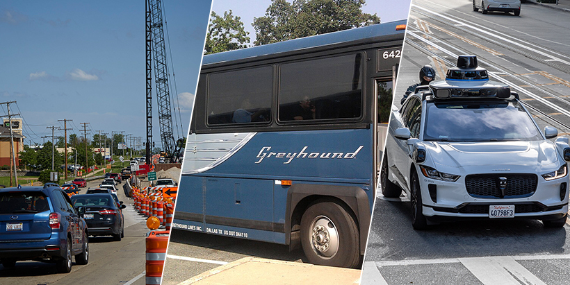Images of waymo vehicle, greyhound bus, and roadway construction