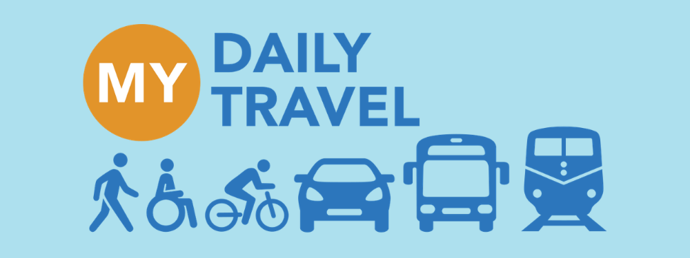 My Daily Travel logo. Icons of person walking, person in wheelchair, person on bike, car, bus, train