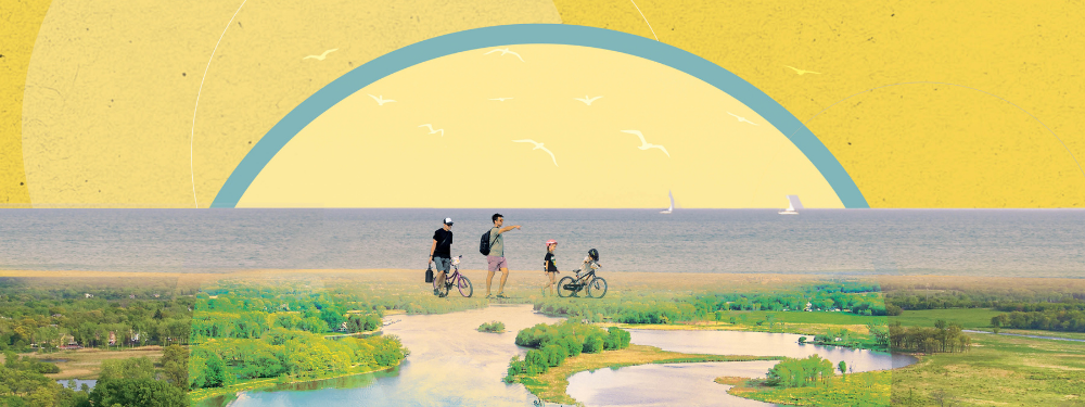 Collage of photos. People on beach with bikes. Wetlands and rivers.