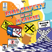 Cartoon art of Metra train and rail tracks with text "Rail safety is not a game"