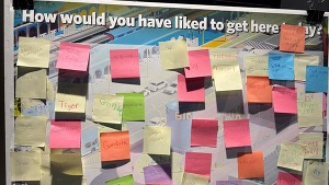 Post it note suggestions answering the question "how did you get here today?"