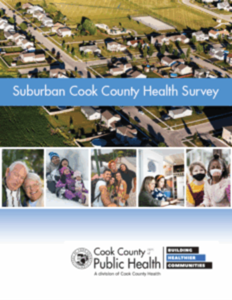 The graphic is the title page of the Suburban Cook County Health Survey. The graphic includes an aerial view of a neighborhood.