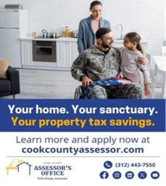Cook County Assessor's Office graphic shows a service member in a wheelchair with his family.