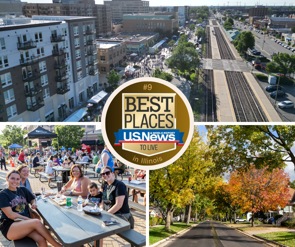 Collage celebrating Des Plaines’ recognition in U.S. News & World Report rankings, featuring neighborhood, event, and downtown aerial images.