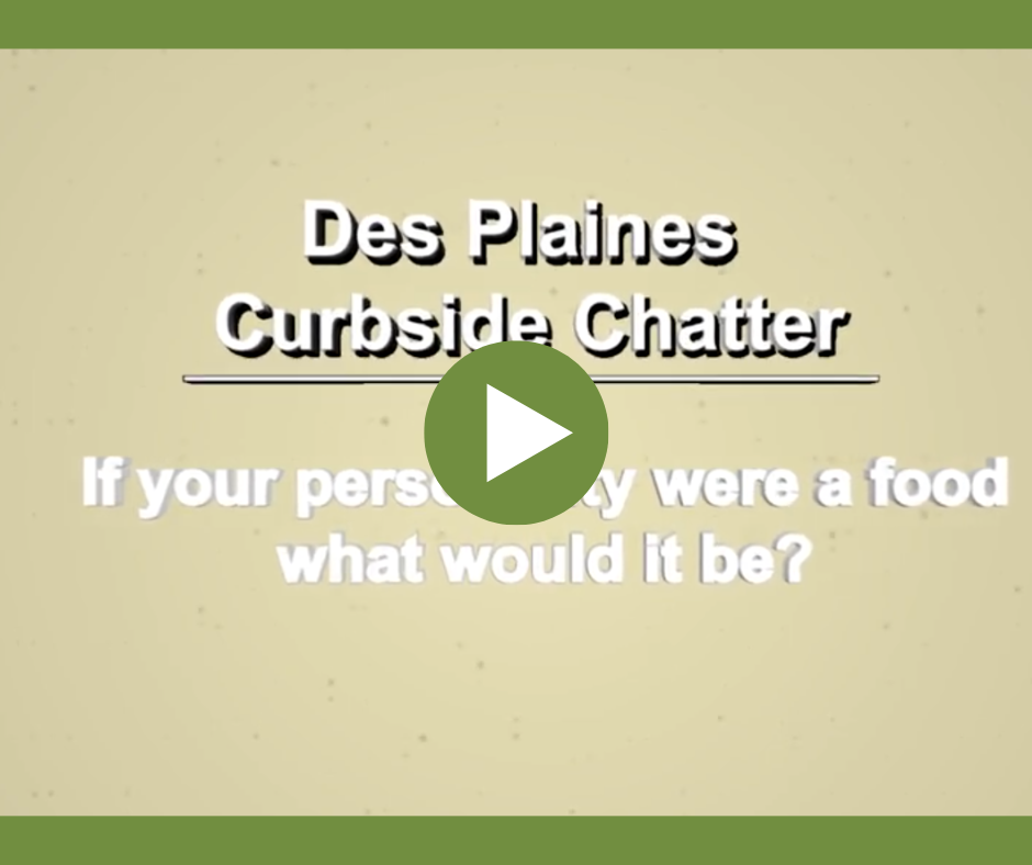 Tan and green Curbside Chatter video thumbnail with text “If your personality was a food, what would it be?” and play button