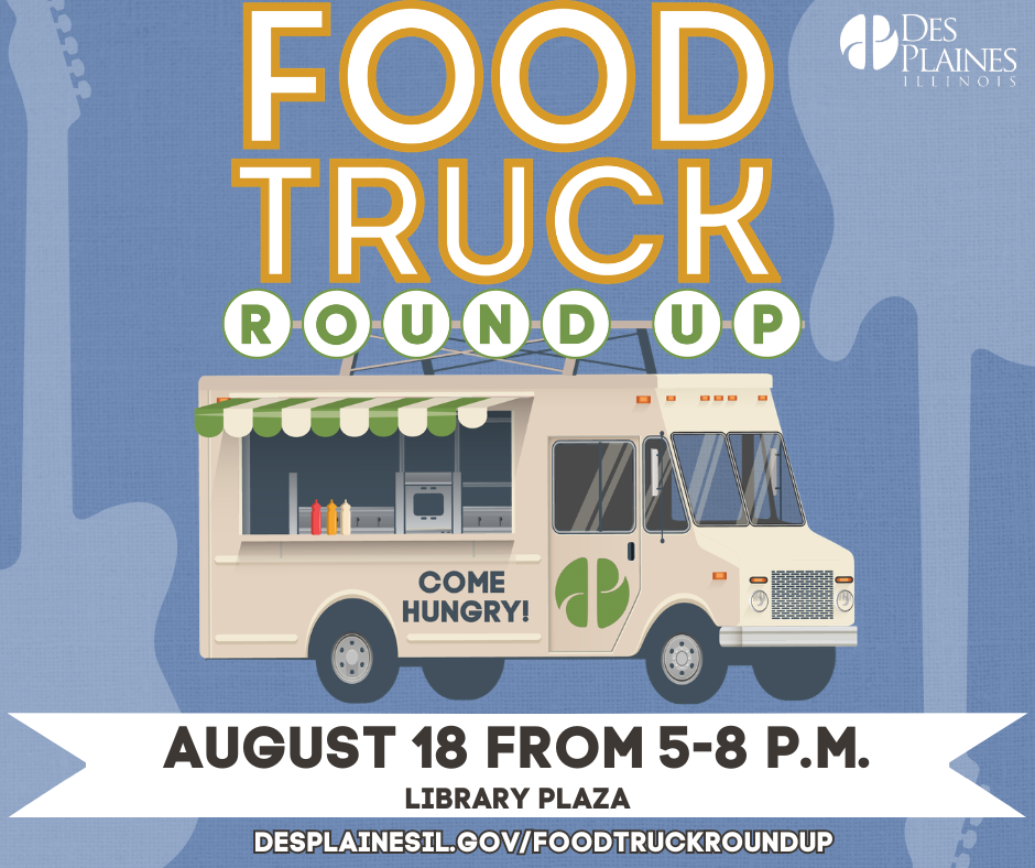 Blue Food Truck Round Up promotional graphic featuring the event date, time, and location at Library Plaza.