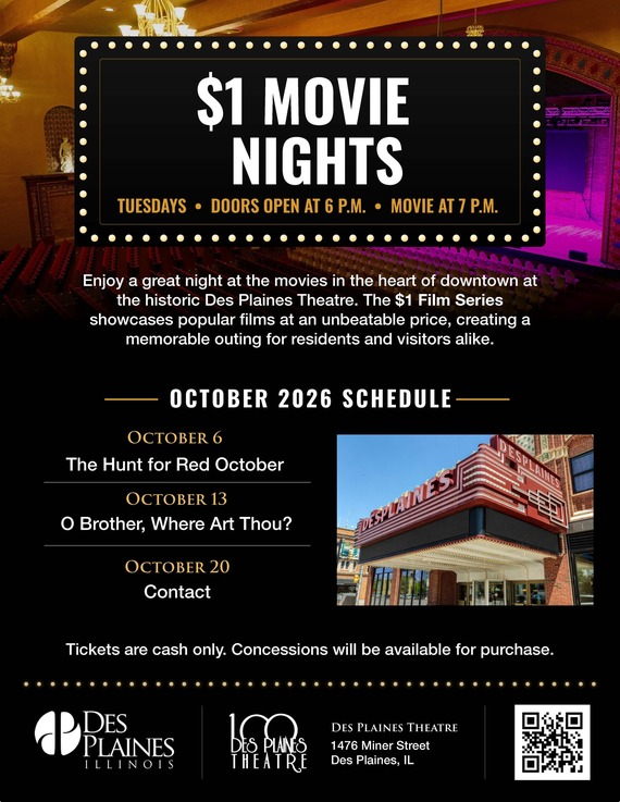 Promotional flyer for the Des Plaines Theatre’s $1 Film Series, featuring The Hunt for Red October, O Brother, Where Art Thou?, and Contact.
