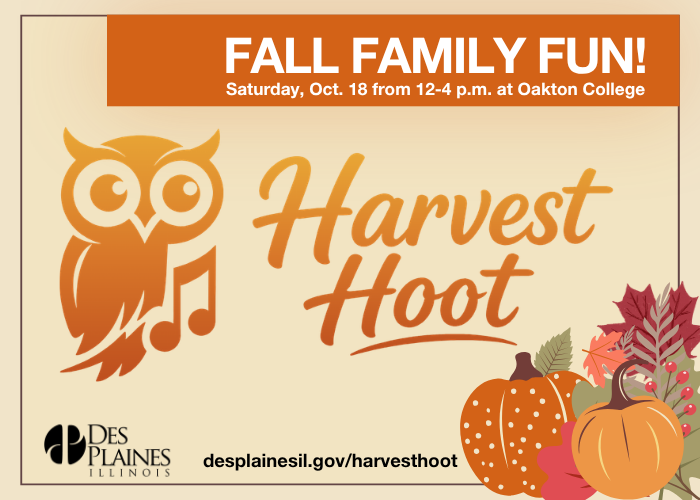 Harvest Hoot fall event flyer featuring the event logo, “Fall Family Fun!” text, event time and location, and the City’s website.