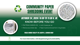 Community Shred Event flyer with date/time and reminders: residents only, 2 boxes per car, remove binder clips and paper from 3-ring binders.
