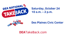 DEA Drug Takeback Day graphic featuring date, time, and location of Des Plaines Civic Center