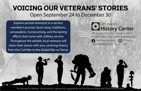 Voicing our Veterans Stories exhibit graphic featuring information on the interactive displays, dates, and location