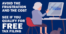 Woman sitting at desk with computer. Text: Avoid the frustration and the cost. See if you qualify for free tax filing.