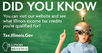 Boy wearing a metal strainer with light bulb. Text: Did you know? You can visit our website and see what IL income tax credits you're qualified for?