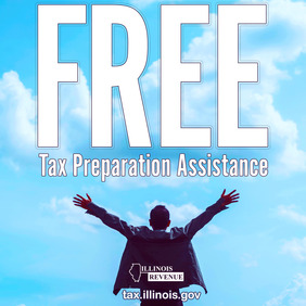 Person with arms in the air. Text: Free tax preparation assistance. Illinois Revenue. Website: tax.illinois.gov