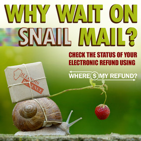 Snail with a package on its shell and fruit on a stick in front of it. 