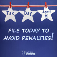 Three stars on a clothesline. Text: Tax Day April 15. File Today to avoid penalties! 