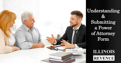 Three people at a table. Text: Understanding & Submitting a Power of Attorney Form