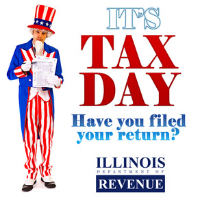 Person in red, white and blue suit with text: It's tax day. Have you filed your return? 