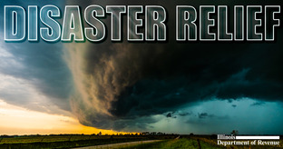 Large rotating storm cloud over a rural landscape at sunset with bold text reading ‘Disaster Relief'