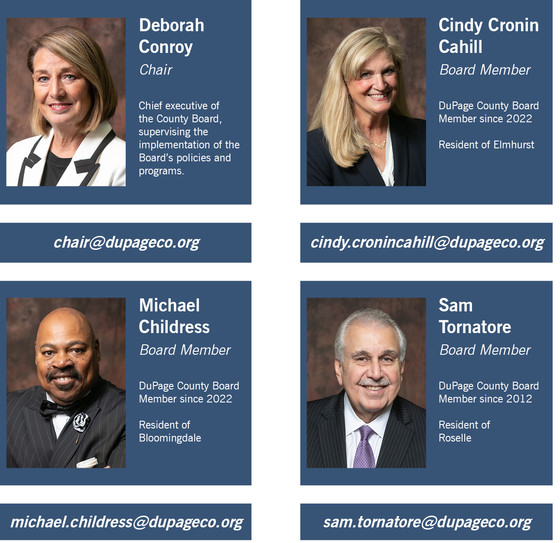 Headshots of District 1 reps and the County Board Chair